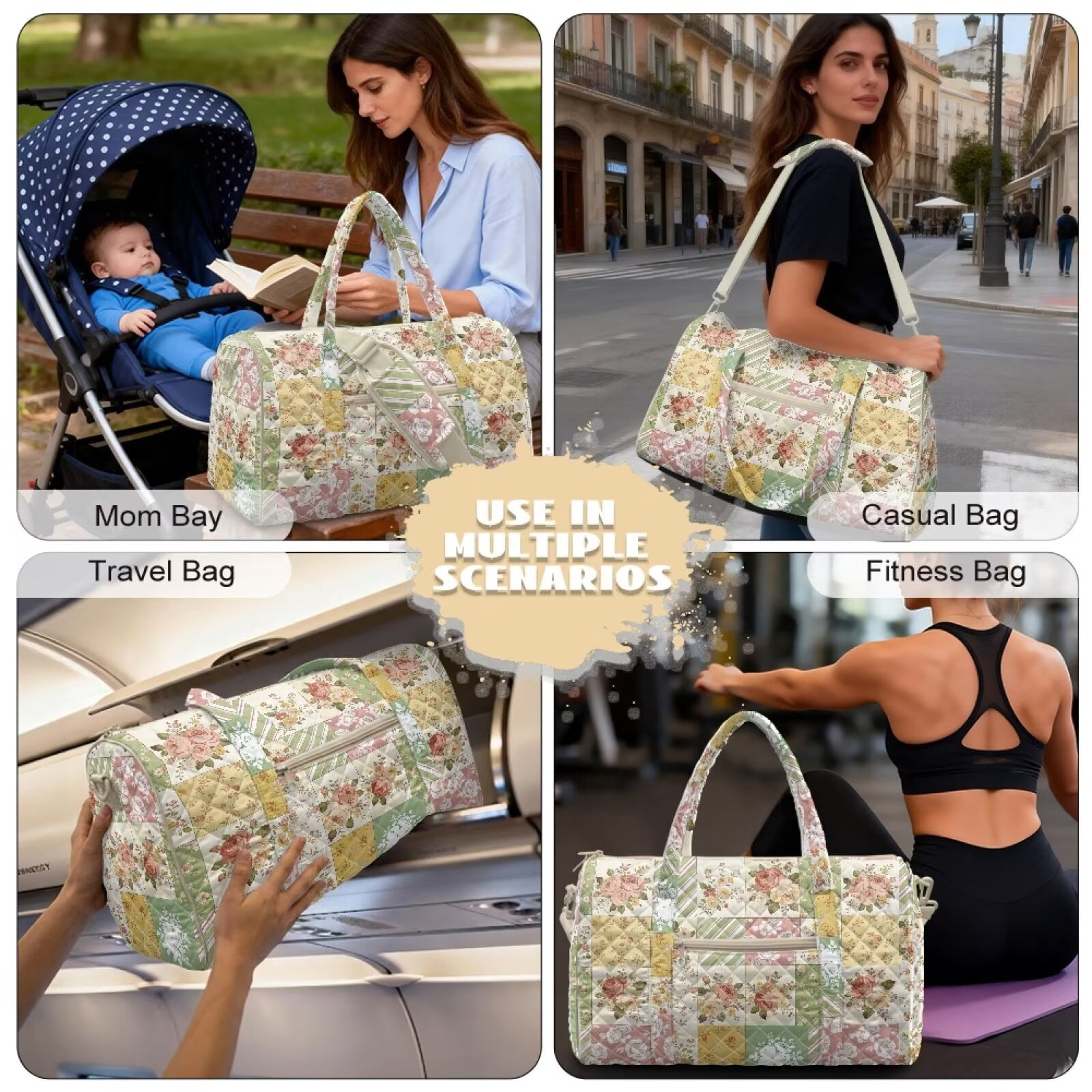 Pzuqiu Floral Patchwork Quilted Weekender Duffle Bag for Women Large Capacity Lightweight Carry On Travel Tote Overnight Gym Bag with Zipper Versatile for Trips Vintage Handbags