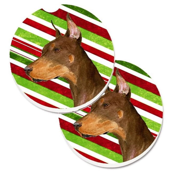 Doberman Candy Cane Holiday Christmas Set of 2 Cup Holder Car Coaster