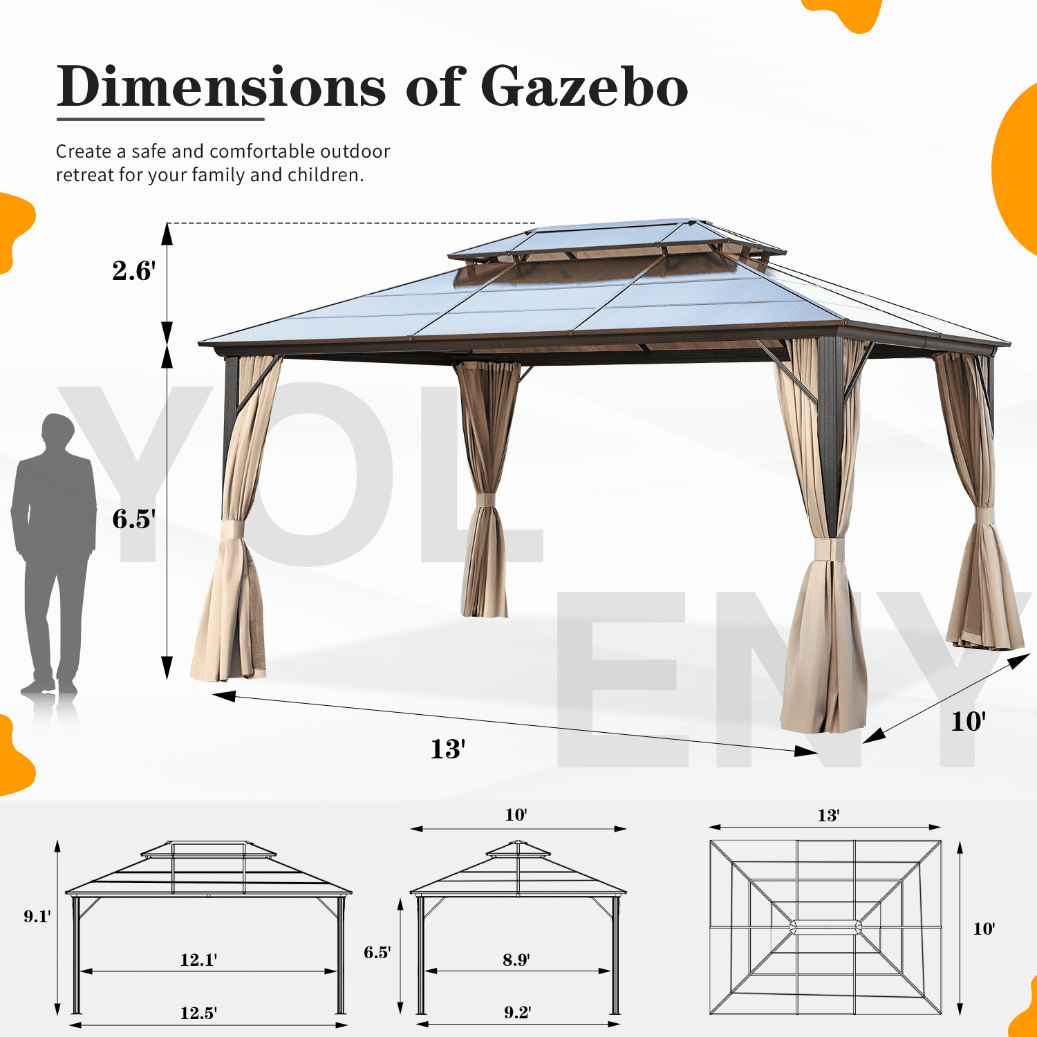 EROMMY 10'x13' Hardtop Gazebo with Polycarbonate Double Roof and Aluminum Frame for Garden, Patio, Lawns