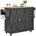 thumbnail image 5 of KFFKFF Mobile Kitchen Island, 56" Wooden Top Cart with Cabinet Storage, Features Extendable Drop Leaf, Spice Holder, Towel Handle, Flexible Shelf, Drawer & Hooks, Movable Black Island on Casters, 5 of 9