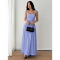 thumbnail image 6 of Petite Womens Blue Solid Square Neck Ruched Flared Maxi Dress For Spring Summer, 6 of 7
