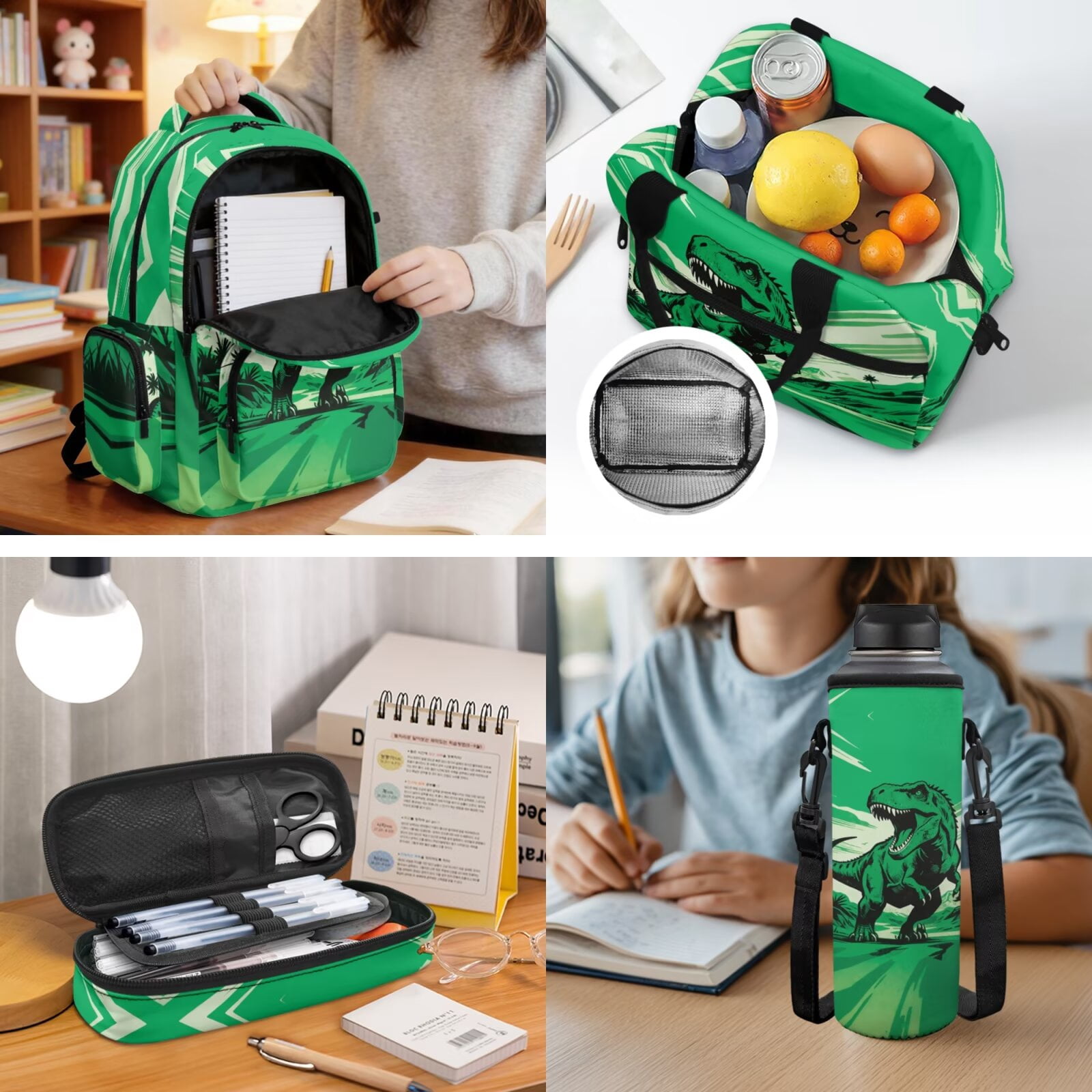 Yspwyqan 4 Piece Boys Green Dinosaur Backpack Set 17 Inch Large Capacity 600D Polyester Boys Back to School Bookbag Lunch Bag Pencil Case Water Bottle Bag for Elementary School