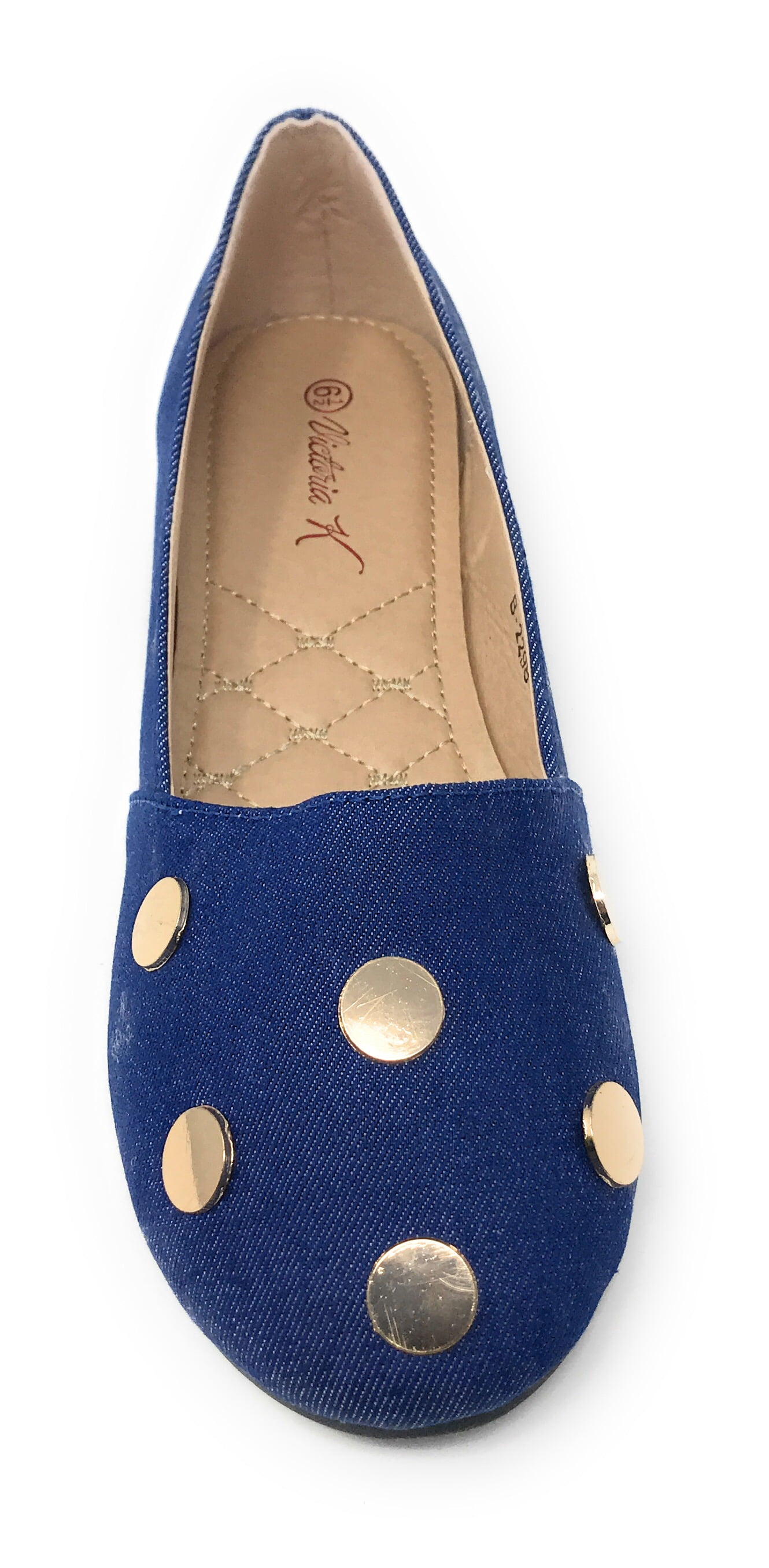 Victoria K Women's Round Gold Studs Denim Ballerina Flats