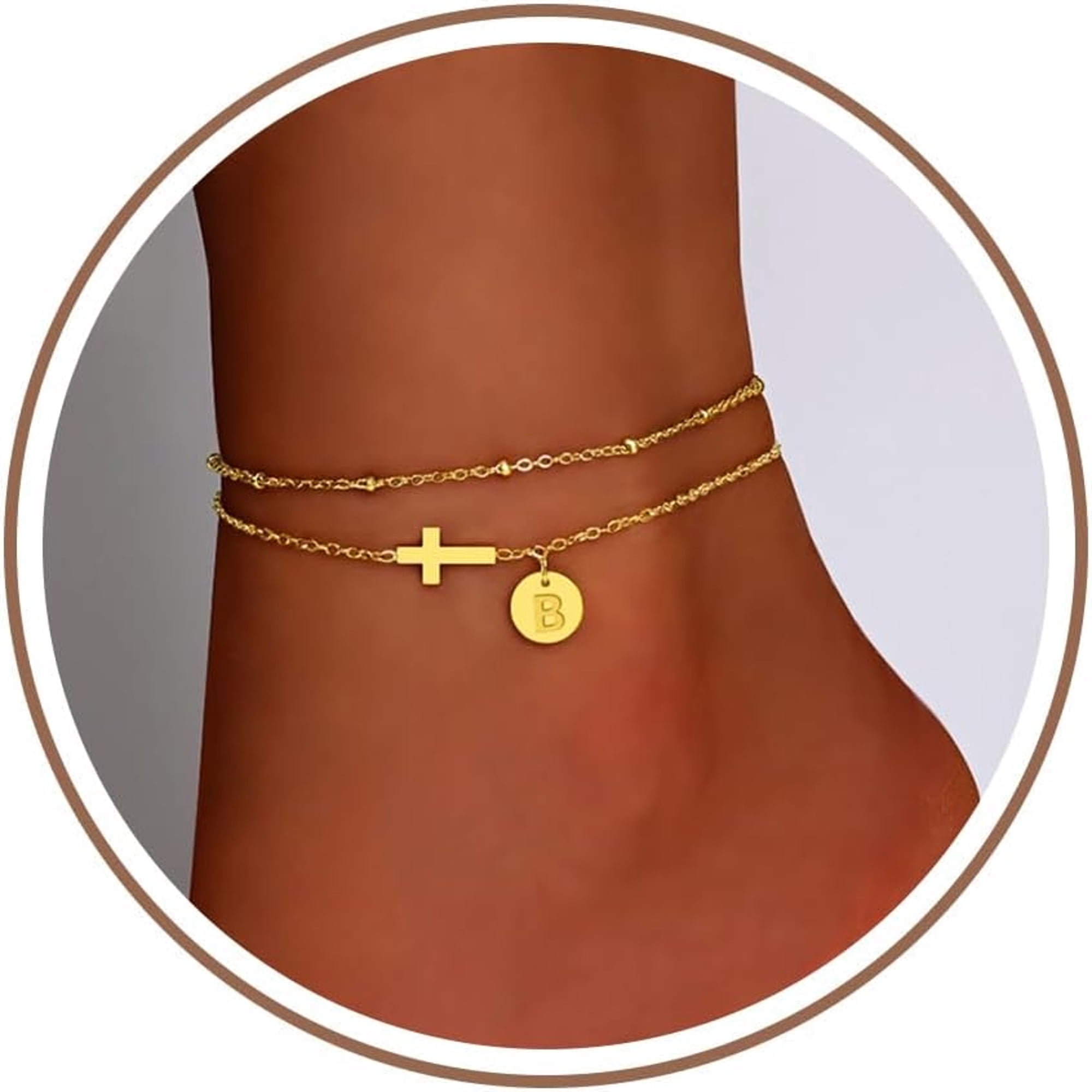 DESIGNICE Gold Cross Ankle Bracelets for Women | Anklets for Women Waterproof with Initial Charm(A-Z)| Non Tarnish Summer Beach Jewelry Gifts for Her