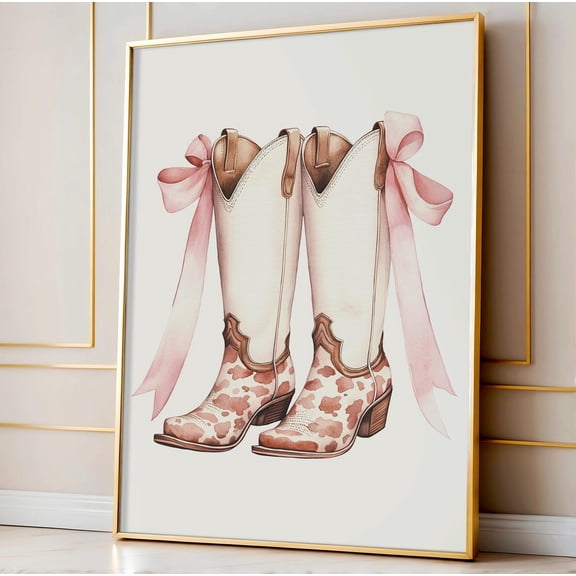 Cowgirl Boots Print, Pink Bow, Cow Print Western Decor Home Decor #2609, Unframed Poster Size 8x12