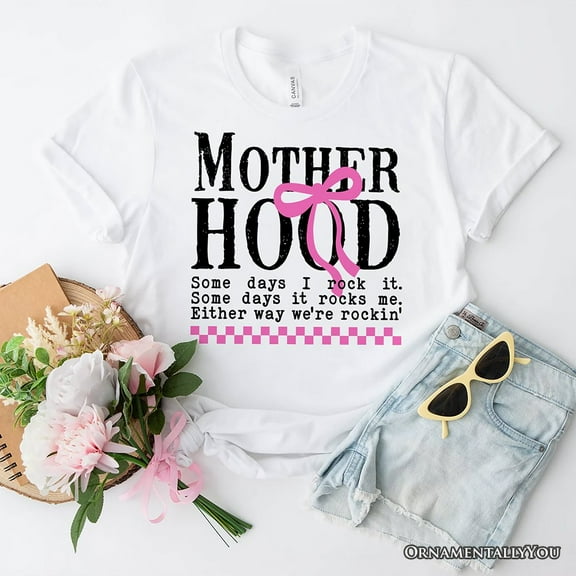 Motherhood Coquette Pink Bow T-Shirt, Retro Checkered White Tee for Sassy and Stylish Moms