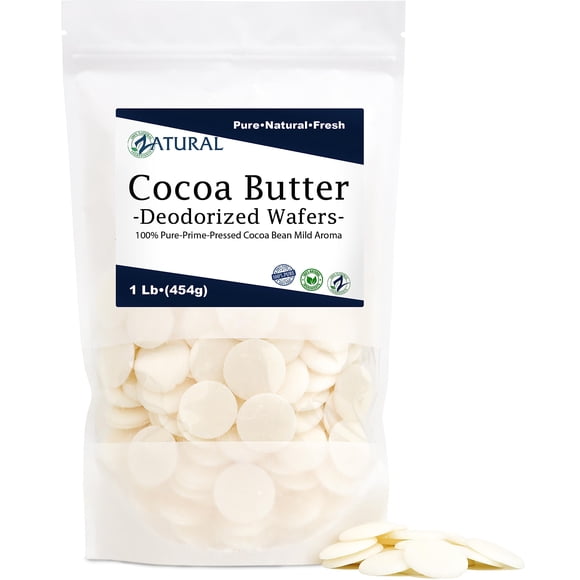 Zatural RAW Manteca de Cacao Desodorizada Grado Alimenticio | puro prensado | Loción DIY Crema Corporal Base de Brillo de Labios. (Obleas desodorizadas de 16 onzas)