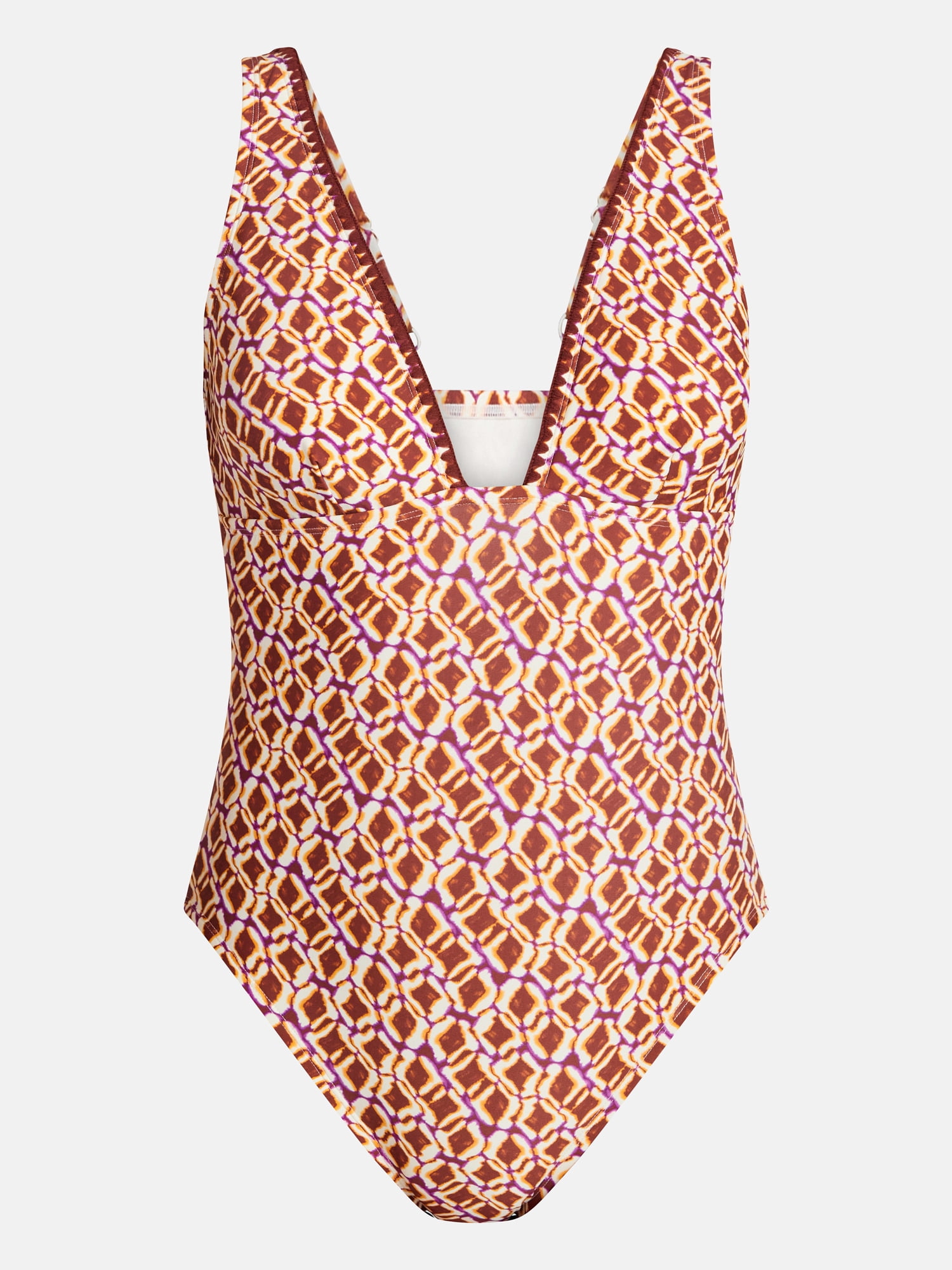 Time and Tru Women's and Women's Plus Shell Stitch Plunge One-Piece Swimsuit, Sizes XS-3X
