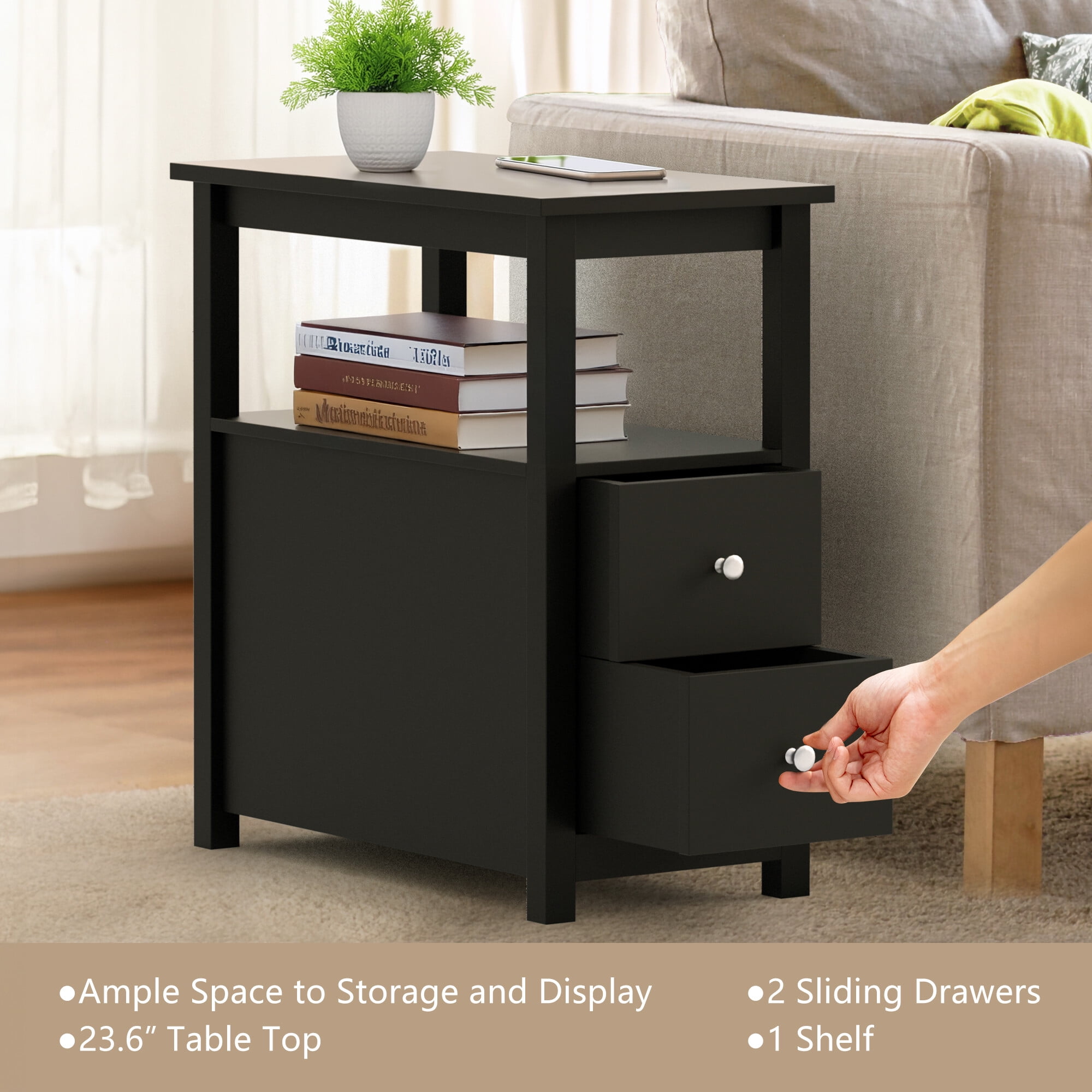 HomGarden 2 Drawers Wood End Table Narrow Sofa Side Table W/Storage for Living Room Bedroom, Black