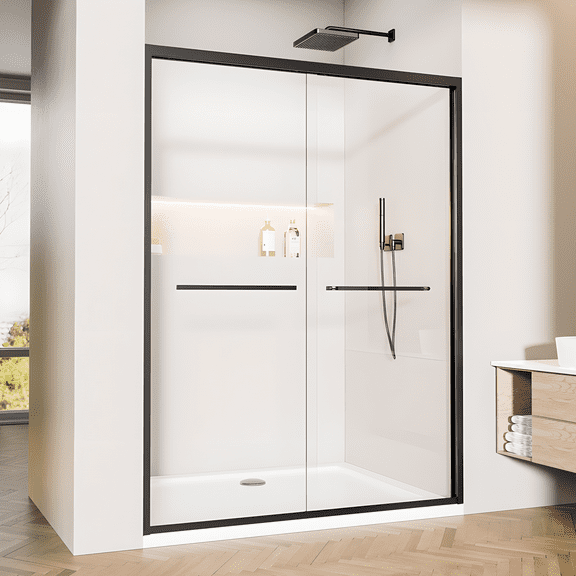 Rizzon Shower Doors 56-60" W x 70" H Full Aluminum Frame Double Sliding Bathroom Glass Shower Door, 8mm Thick Clear SGCC & ANSI Certified Tempered Glass, Matte Black