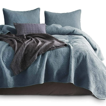 Country Couch KASENTEX Stone Washed Quilted Coverlet Set-100% Cotton-Ultra Soft Bedspread-Traditional Country Chic Floral Embroidery Patterned (Chambray Blue, Queen) ()