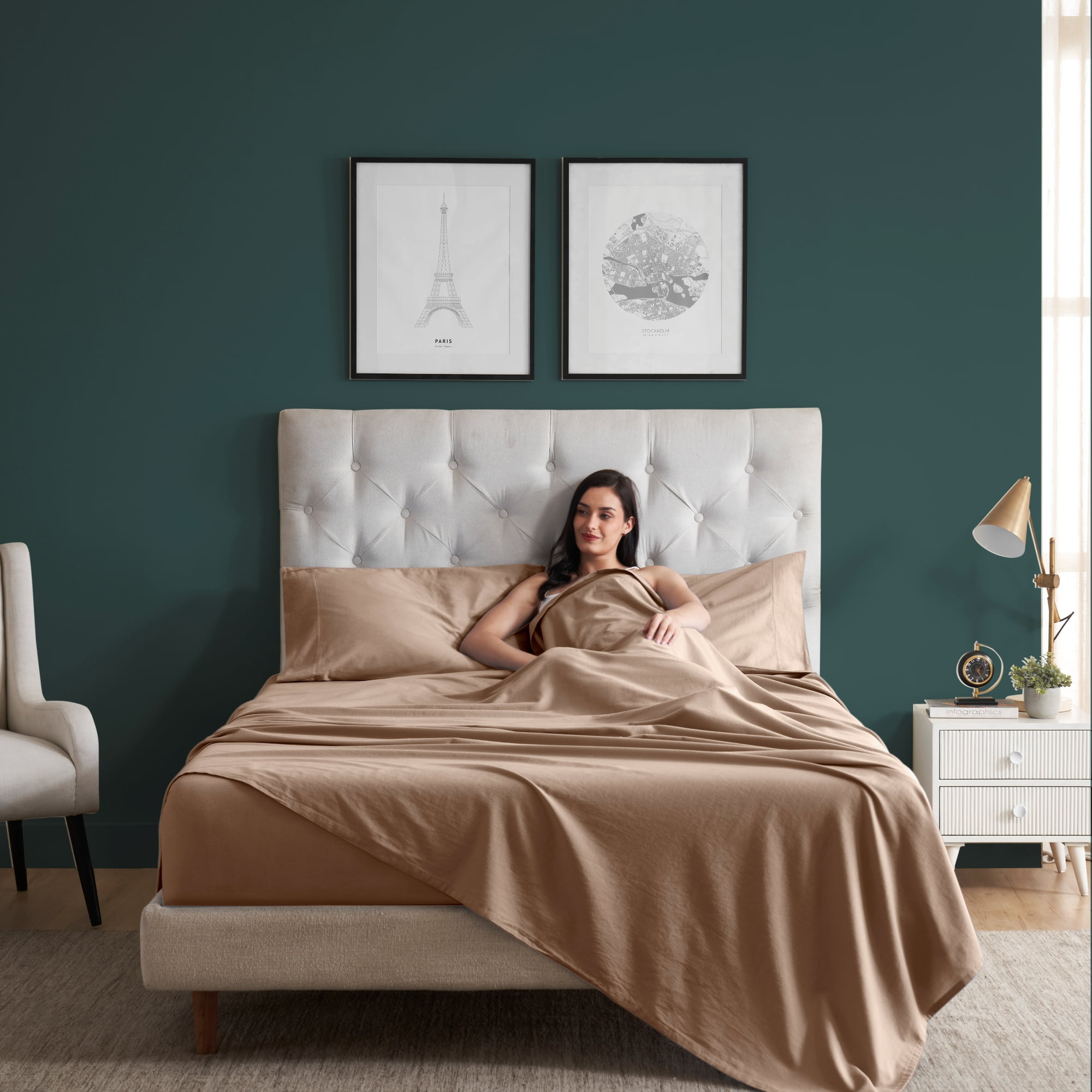 Mainstays 100% Cotton Dreamy Soft 4-Piece Bed Sheet Set, 220 Thread Count Brushed and Washed Sateen, Deep Pocket, King, Teddy Bear Brown