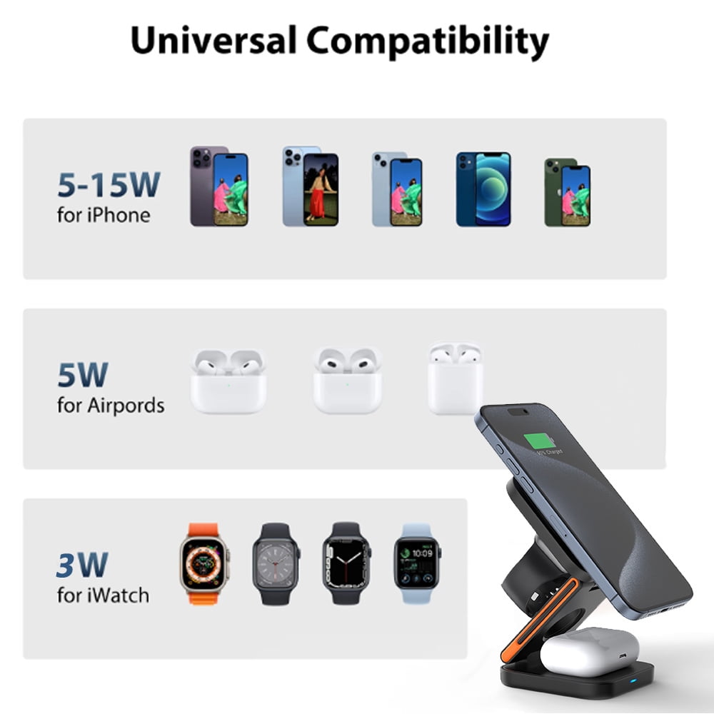 100W 3-in-1 Magnetic Foldable Wireless Charging Station for Smartphones Smartwatches & Earbuds-Black