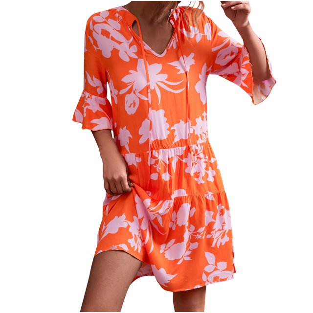 Vestido de manga acampanada con cuello en V y pintura Floral de vendaje de media manga de verano para mujer a la moda Fridja qw5313