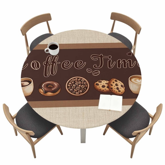 Vintage Coffee Time Fitted Tablecloth with Elastic Edged, Round Table Cloth for Dining Table, Farmhouse Desserts Beige Burlap Waterproof Oil Proof Table Cover for Indoor Outdoor 36"-44"