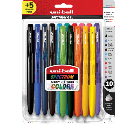 Uni-ball Spectrum Retractable Gel Pens, Medium Point (0.7 mm), Assorted Ink, 10 Pack + 5 Bonus