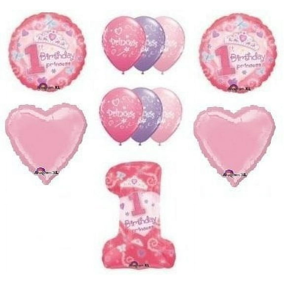 #1 First One 1st GIRL Princess Tiara Pink Hearts 11 Birthday Party Balloons Set