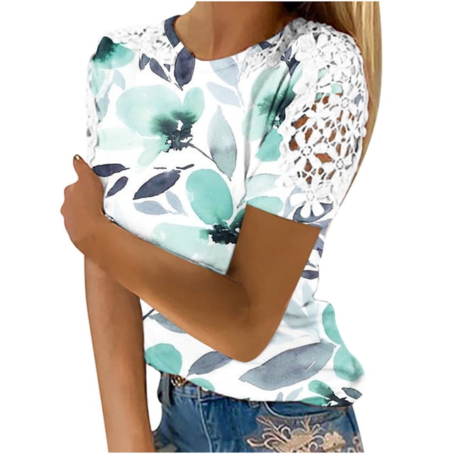 Birdeem Femmes Imprimé Col Rond Dentelle Ajourée Manches Courtes Chandail Amincissant Blouse T-Shirt Hauts