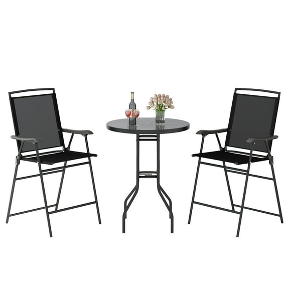 Gymax 3 PCS Outdoor Bar Stool Set w/ DPC Tabletop Umbrella Hole & Footrest 2 Chairs