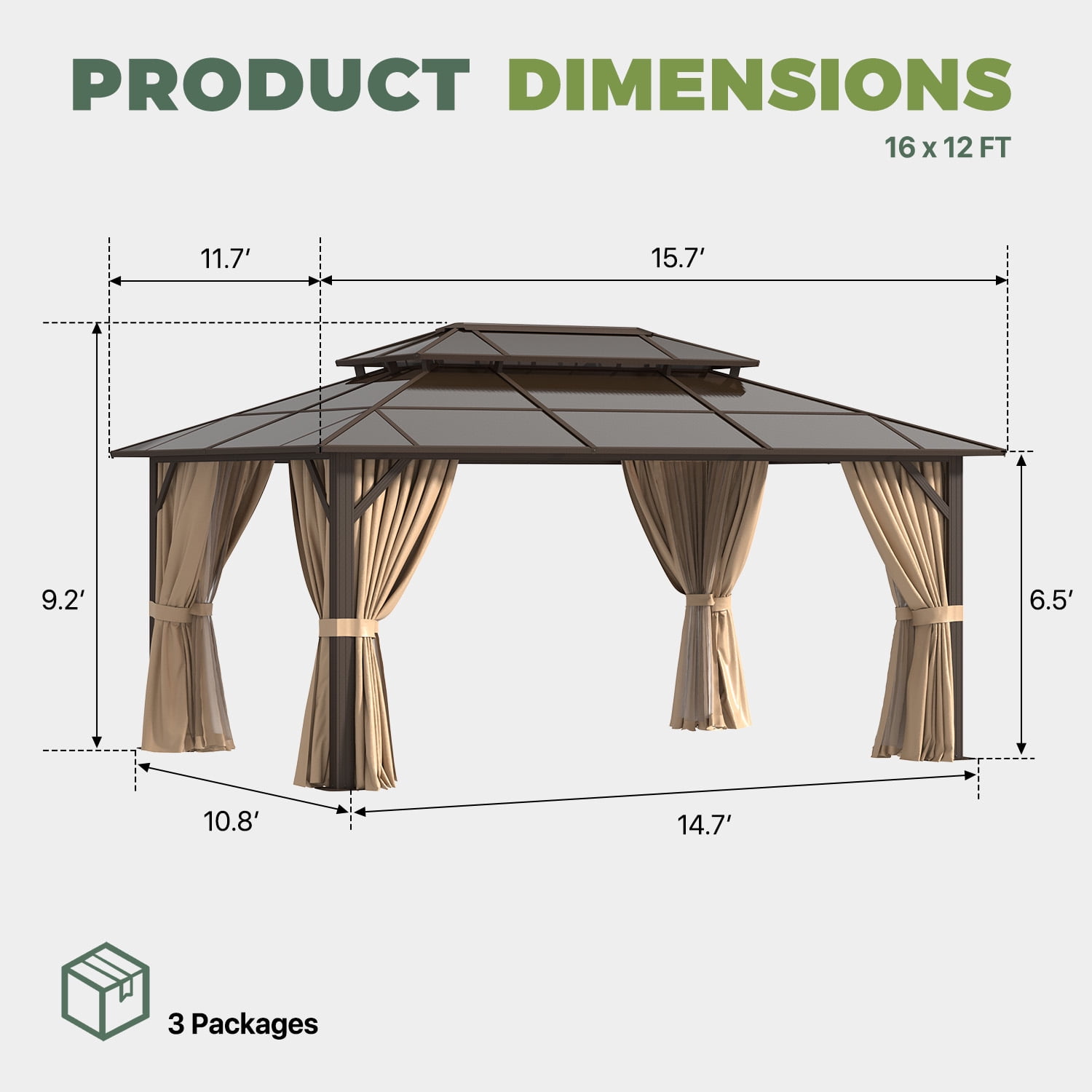 BaPiPro 16x12 FT Outdoor Gazebo, Double Roof Polycarbonate Hardtop, Iron Frame, Bronze Brown, UV Protected, Weather Resistant, for Patio Backyard Deck Lawn