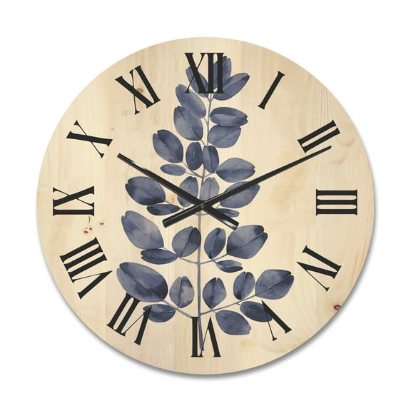 Designart 'Navy Blue Eucalyptus On White' Traditional Wood Wall Clock