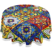 SKYSONIC Mexican Talavera Ceramic Tile Pattern Round Tablecloth 60In,Table Cover Water Resistant Spill Proof Large Table Cover for Indoor & Outdoor Family Gathering Dinner, Hotel, BBQ