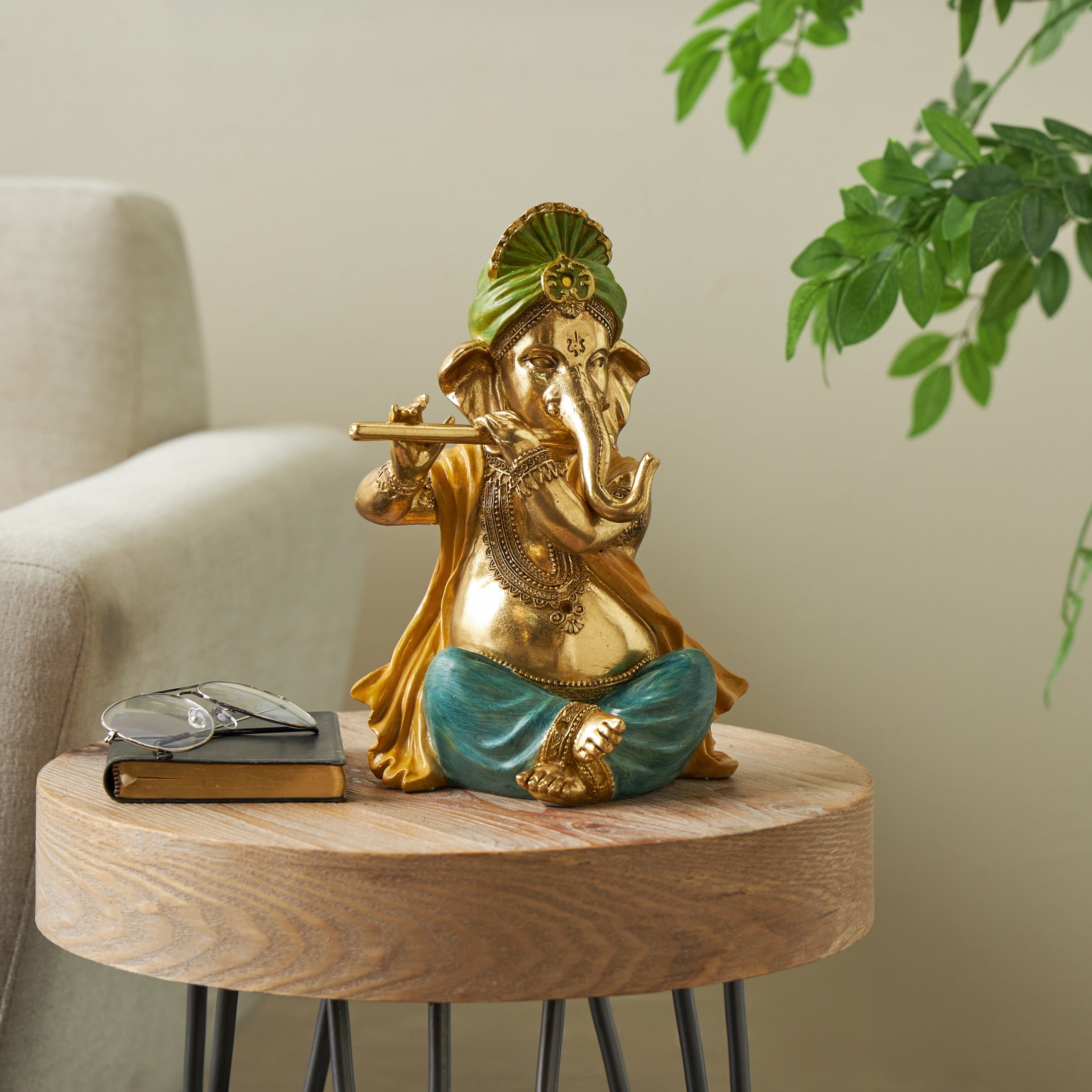 9" x 11" Gold Resin Musician Ganesh Sculpture with Green, Yellow, and Teal Accents, by DecMode