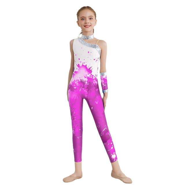 TTAO Kids Girls Gymnastic Figure Ice Skating Dance Unitard Shiny Sequins Full Length Jumpsuit for Performance Hot Pink 10