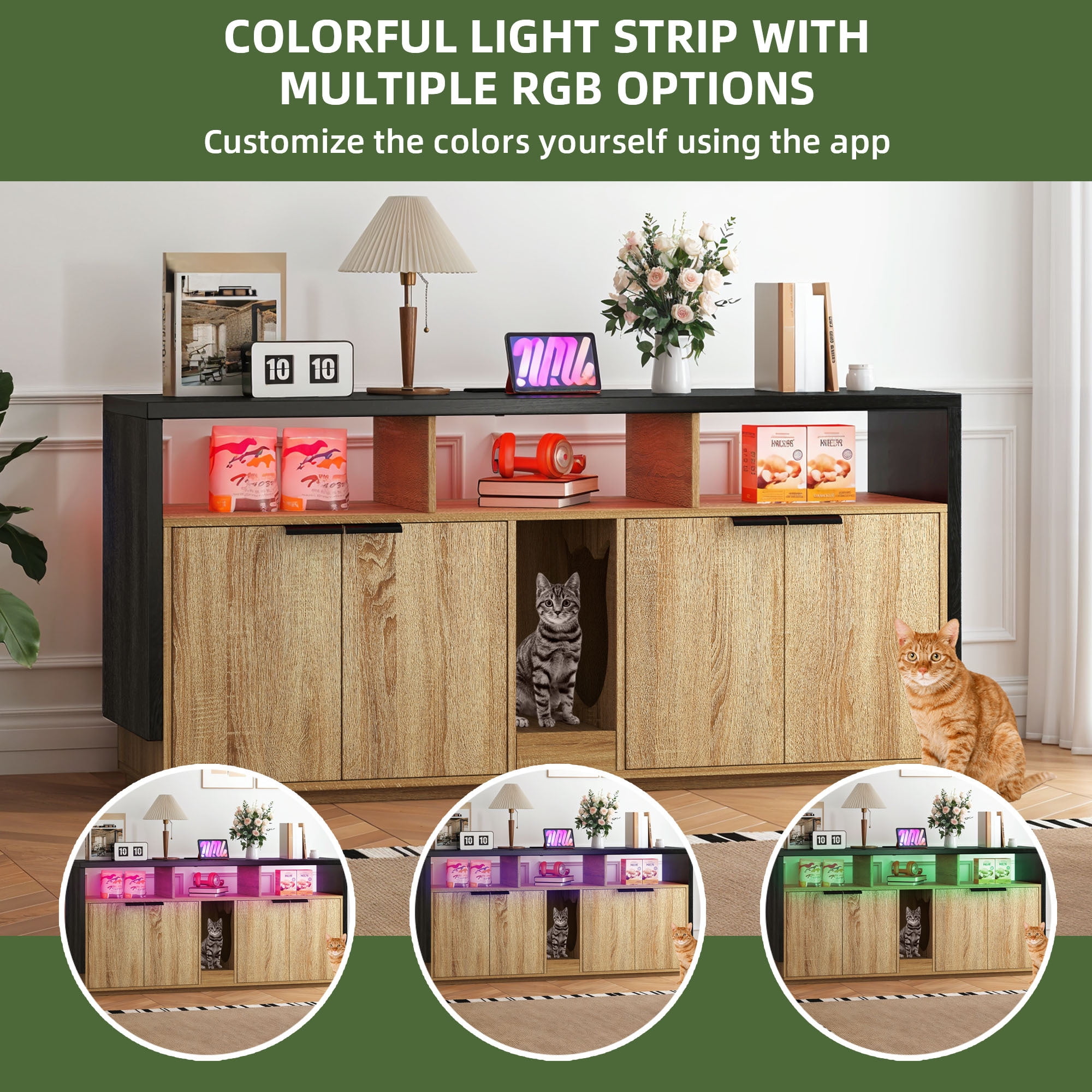 Uforic Litter Box Furniture with LED Light, Power Outlet for 2 Cats, Wooden Long Cat Litter Box Enclosure with Double Room
