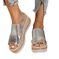 thumbnail image 4 of YgkuHd Women's Casual Wedge Sandals Glossy Metallic Faux Leather Upper Open Toe Woven Espadrille Sole Slide Style Silver,5.5, 4 of 8