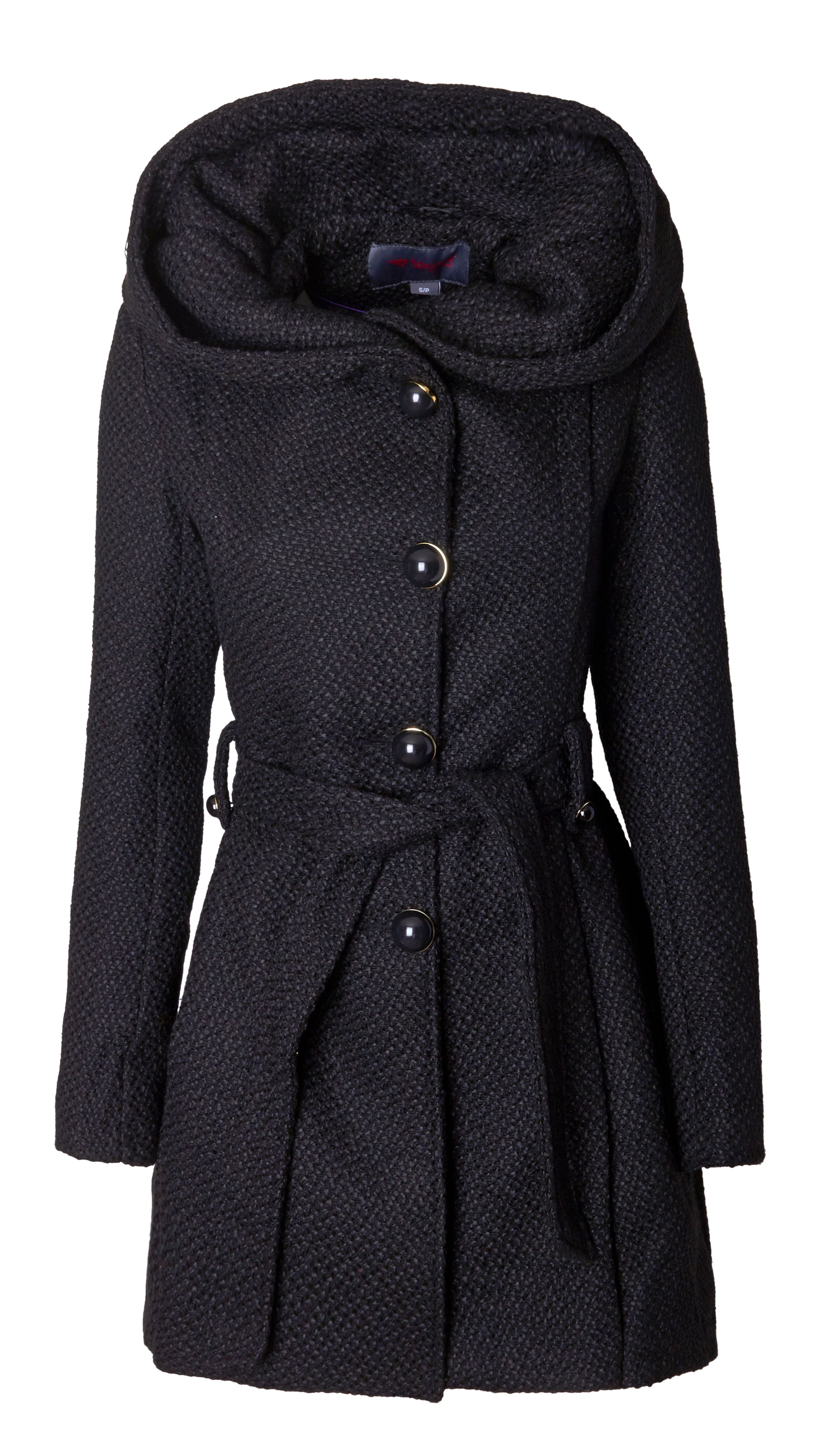 Sportoli Womens Single Breasted Wool Blend Belted Winter Dress Drama Coat with Hood