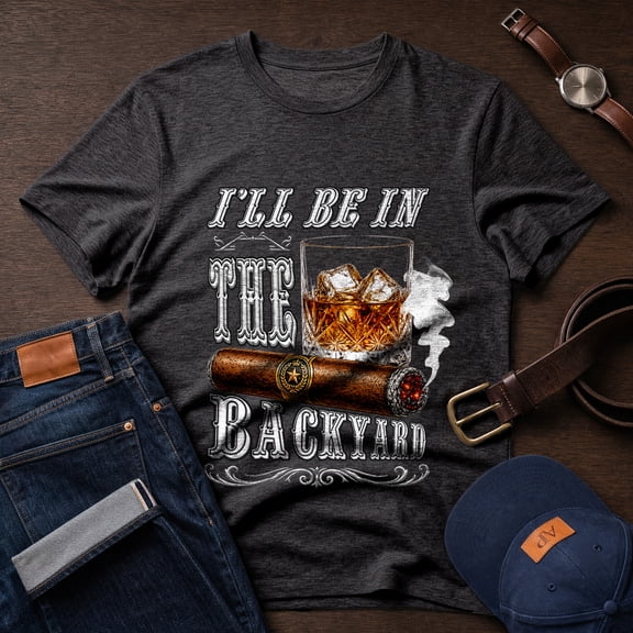 Jollimate I'll Be in the Backyard T-Shirt, Cigar and Whiskey Graphic Tee, Funny Men's Gift Shirt