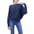 thumbnail image 3 of Women'S Solid Color Oversized Batwing Sleeve Boat Neck Long Sleeve Knit Sweater Loose Pullover Dark Blue One size, 3 of 6