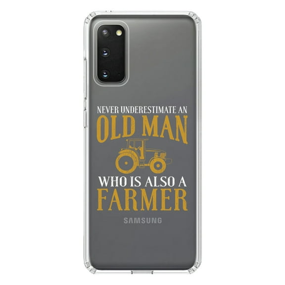 DistinctInk Clear Shockproof Hybrid Case for Galaxy S20 PLUS / 5G (6.7" Screen) - TPU Bumper Acrylic Back Tempered Glass Screen Protector - Never Underestimate Old Man Farmer