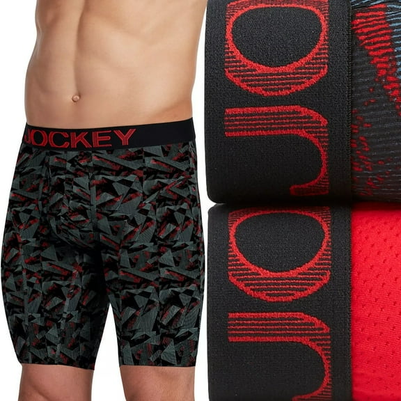 Jockey Men's Small 2 Pack Athletic RapidCool Performance Midway Boxer Briefs Fusion Red/Black Small