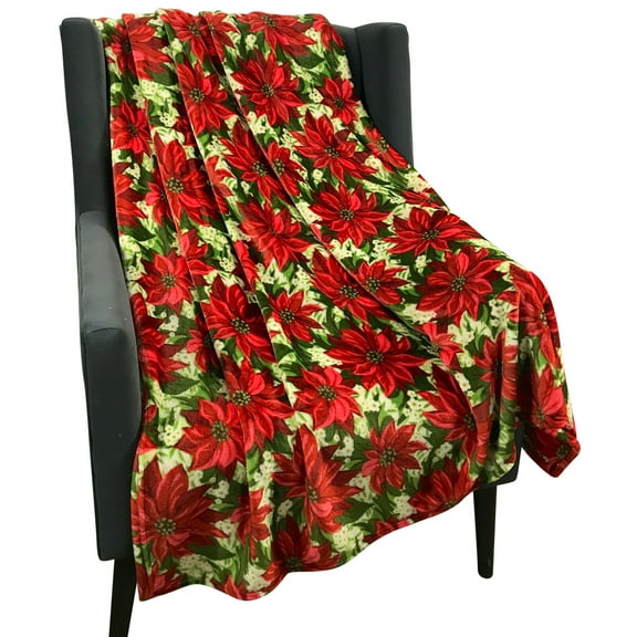 Serafina Home Christmas Poinsettia Decorative Throw Blanket: Soft Comfy Velvet Fleece with Flower and Leaf Pattern, Accent for Couch Bed Chair,  Red Green White Yellow