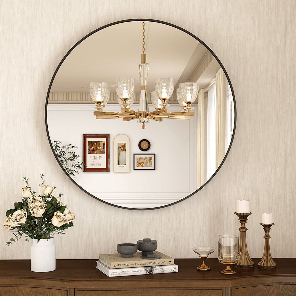 Abble 36" Wall Mirror Round Vanity Mirror Aluminium Framed Circle Bathroom Mirror Modern Wall Mirror, Black