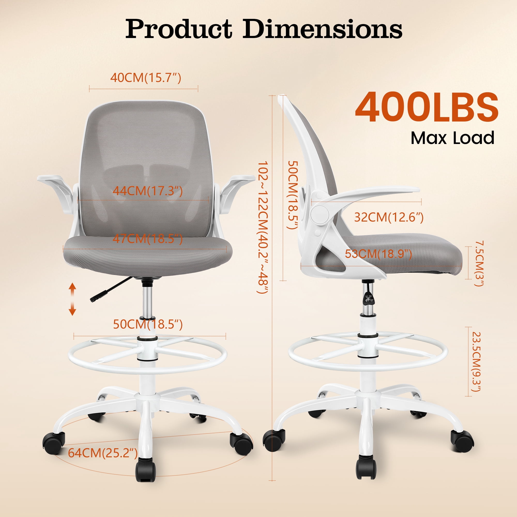 COOLHUT Tall Office Chair 400lbs with Footrest Ring, Standing Desk Chair with Flip-up Armrests, Adjustable Swivel Rolling Mesh Standing Desk Stool with Lumbar Support for Adults, Gray