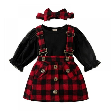 

Xinhuaya Baby Girl Infant Puff Long Sleeve Ribbed Romper Plaid Suspender Skirt Headband Overall Set Cotton Outfits 0-18 Months