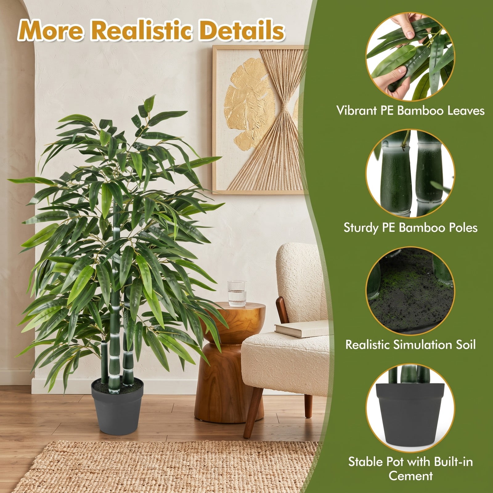 ALPULON 2 Pack Artificial Bamboo Tree 50 Inch Fake Bamboo Plant with 3 PE Trunks and Weighted Cement Base for Indoor Home Office Floor Decor, Green