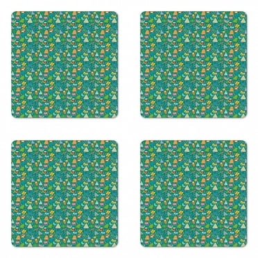 Christmas Coaster Set of 4, Colorful Doodle Elements Cheerful Layout Kittens Trees and Ornaments, Square Hardboard Gloss Coasters, Standard Size, Teal and Multicolor, by Ambesonne