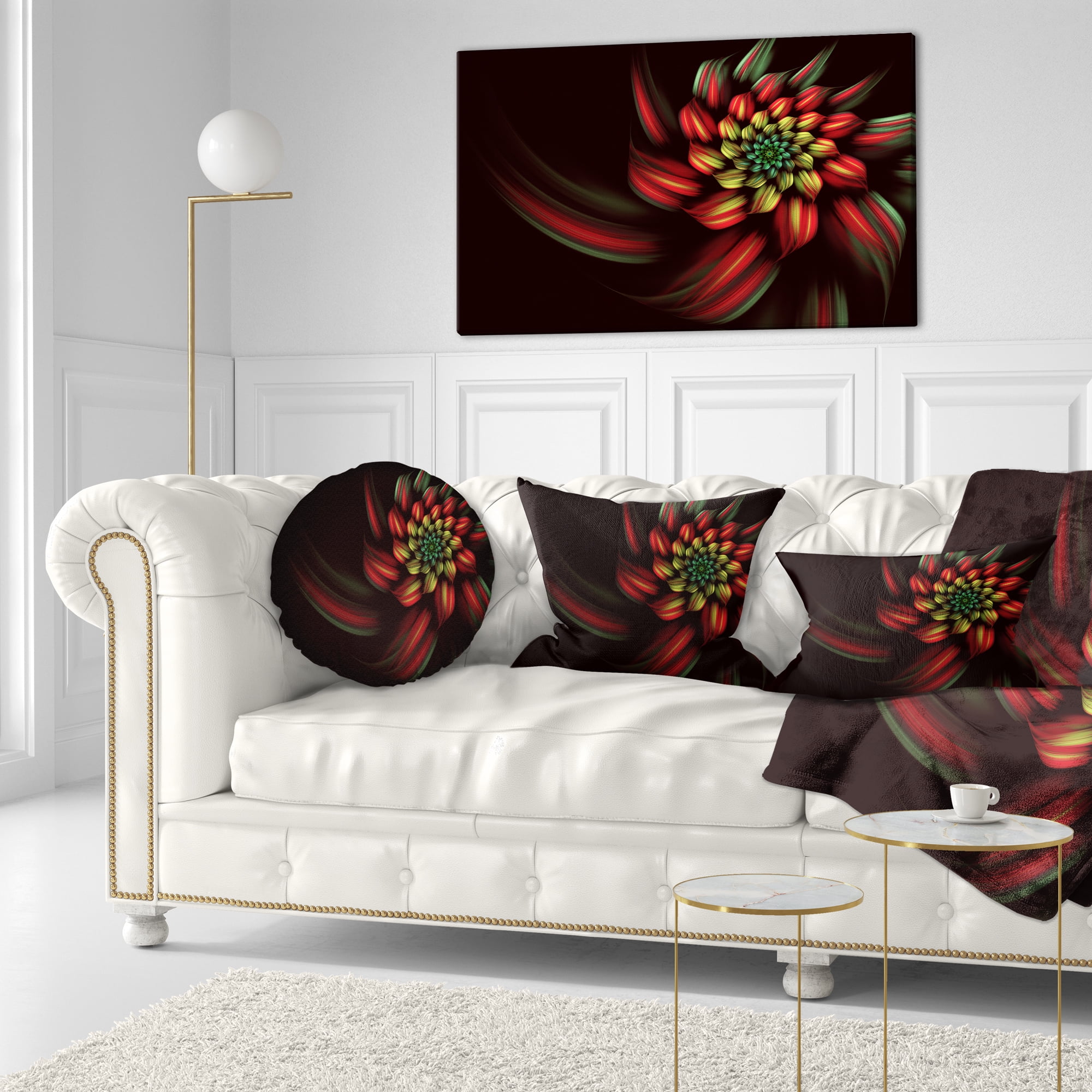 Designart Red Abstract Fractal Flower Spiral - Floral Throw Pillow - 12x20
