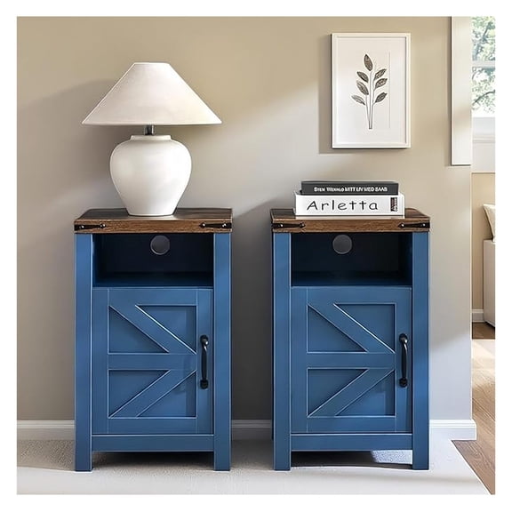 Navy Blue Farmhouse Nightstand Set of 2, Rustic End Table with Barn Door and Shelf, Bedside Table with Charging Station for Living Room, Bedroom