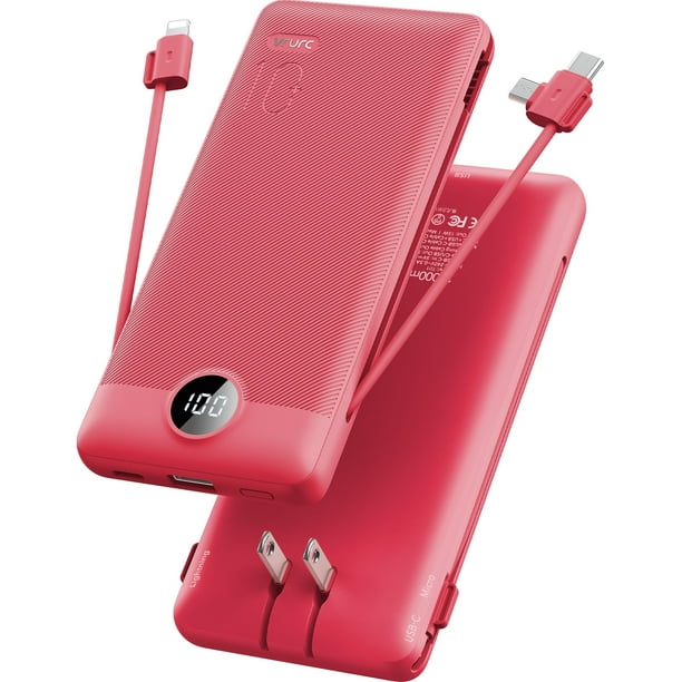 VRURC Portable Charger Built-in Cables and AC Wall Plug, USB C Power Bank 10000mAh, 2023 Upgraded Version Phone Charger Compact Lightweight External Battery Pack for Smart Phones, Tablets etc-Red