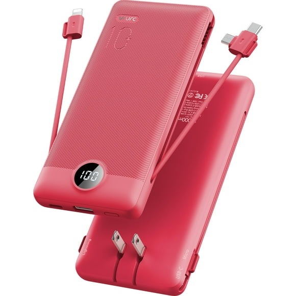VRURC Portable Charger Built-in Cables and AC Wall Plug, USB C Power Bank 10000mAh, 2023 Upgraded Version Phone Charger Compact Lightweight External Battery Pack for Smart Phones, Tablets etc-Red