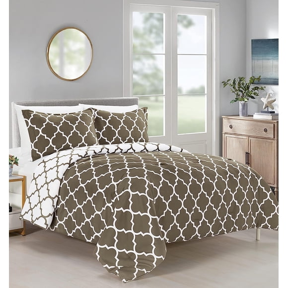 Ensemble de Douillette Réversible à 3 Pcs à Imprimé Trèfle - Matériau Doux et Moelleux de Poids Moyen, Format Double/Grand, Gris/blanc