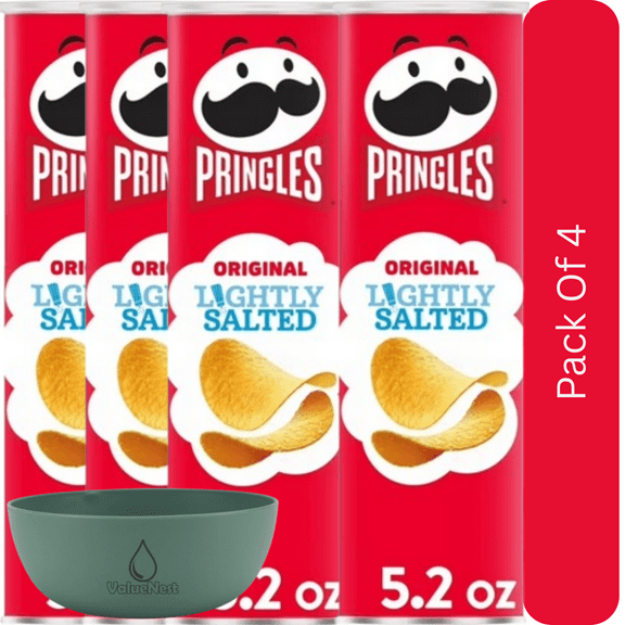 Pringles Lightly Salted Original Potato Crisps, Healthier Lunch Snacks, 5.2 oz Can With Olive Green Bowl By ValueNest