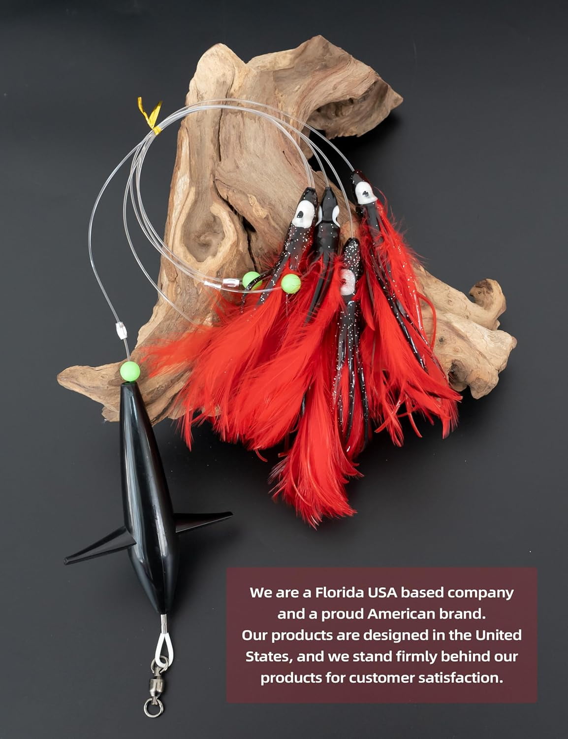 BLUEWING Tuna Feather Daisy Chain Squid Chain Fishing Teaser Lure with 6in Feathered Trolling Squids and Stainless Steel Trolling Hook Big Game Trolling Lure for Tuna Mahi Wahoo Marlin, Black/Red