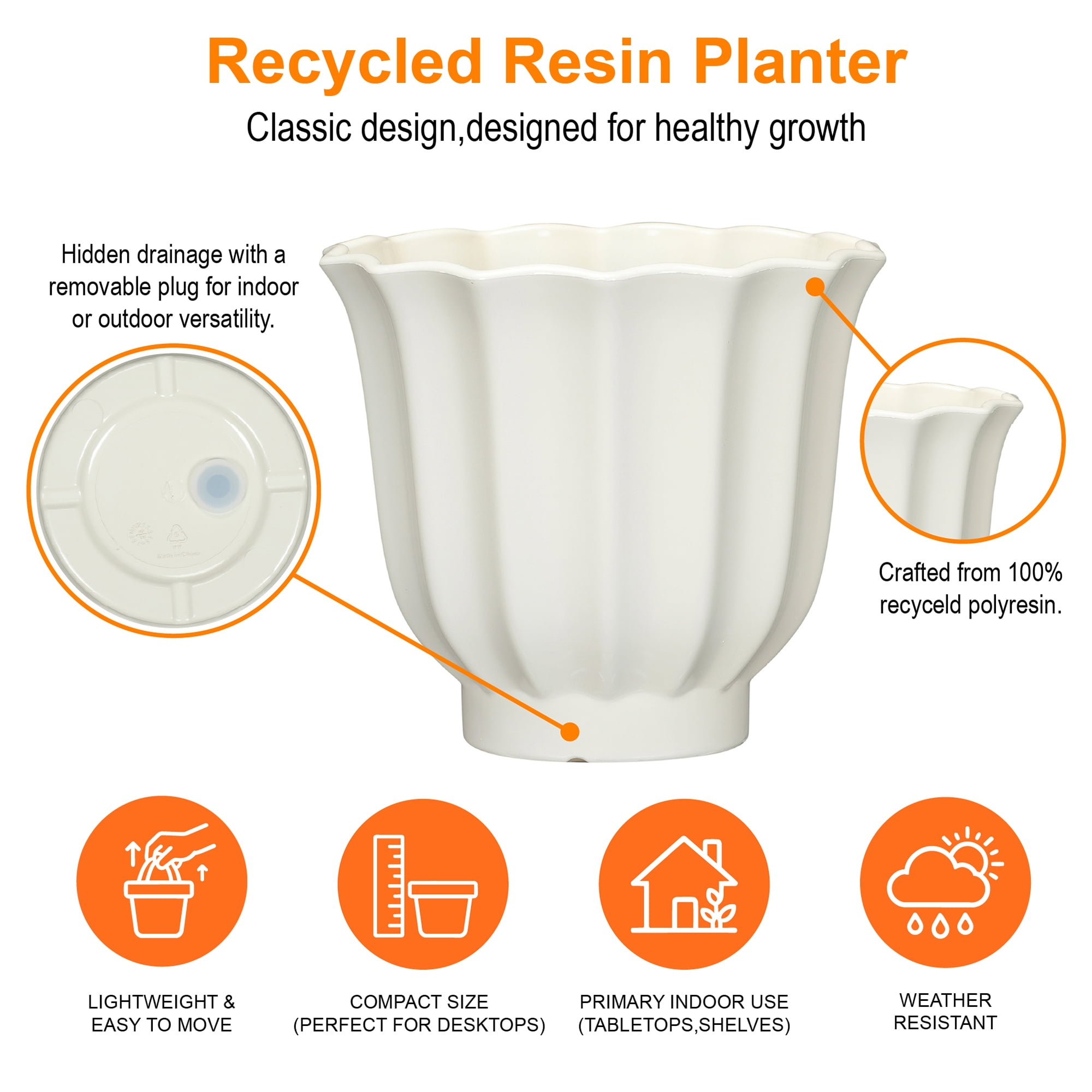 Mainstays Lillian Round Recycled Resin Planter, Vanilla Dream, 10 in x 10 in x 9 in