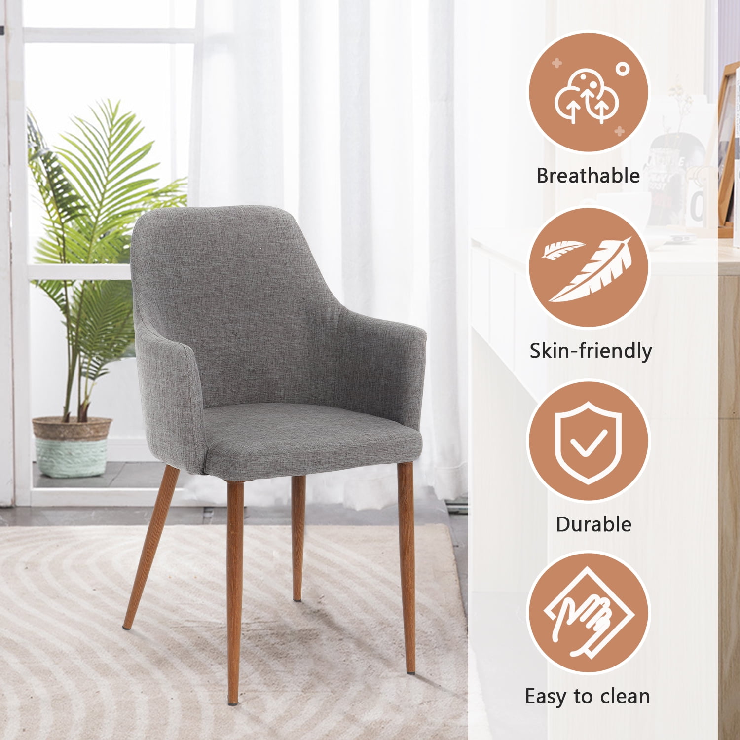 Kadyn Mid Century Modern Fabric Dining Chairs, Upholstered Dinner Chair with Wood Legs, Fabric Kitchen Chair for Dinning Room, Set of 2, Light Grey